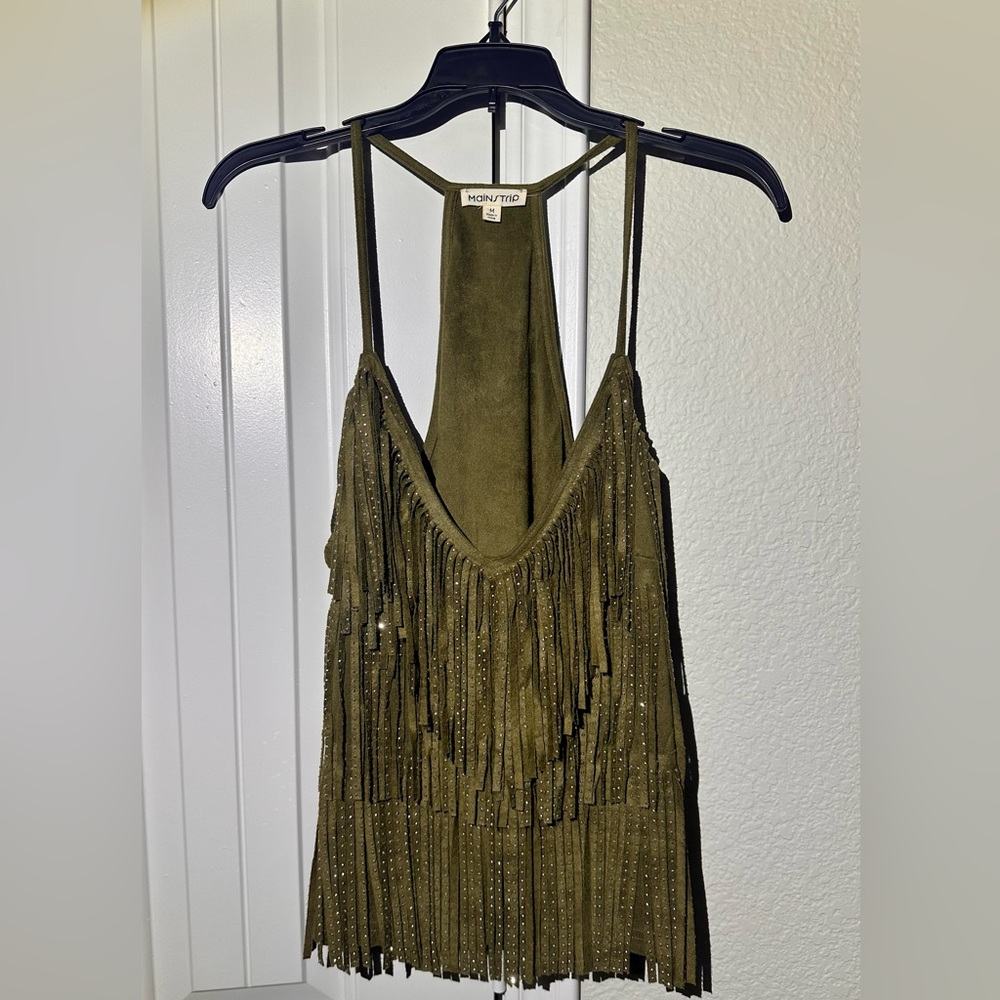 Western Olive Fringe Suede Strappy Top w Rhinestones-Statement Piece